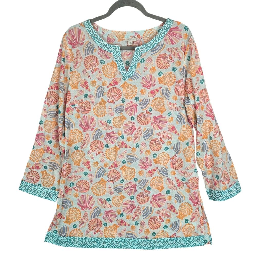 Talbots Seashell Print Tunic Top M Cotton Coverup Multicolor Beach Coastal NWT